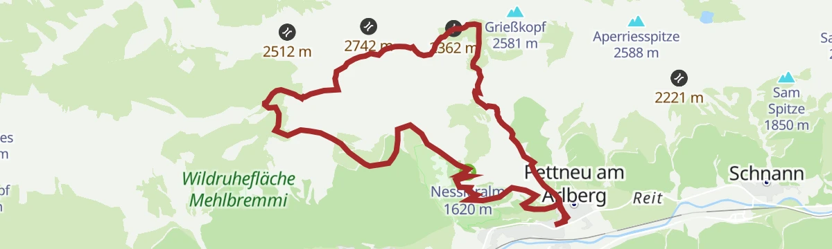 Route map: Pettneu - Leutkircher Hütte - Kaiserjochhaus - Pettneu